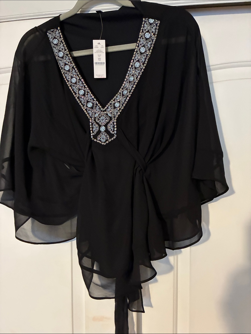 White House Black Market Black Chiffon Wrap Top with Blue Embroidery
